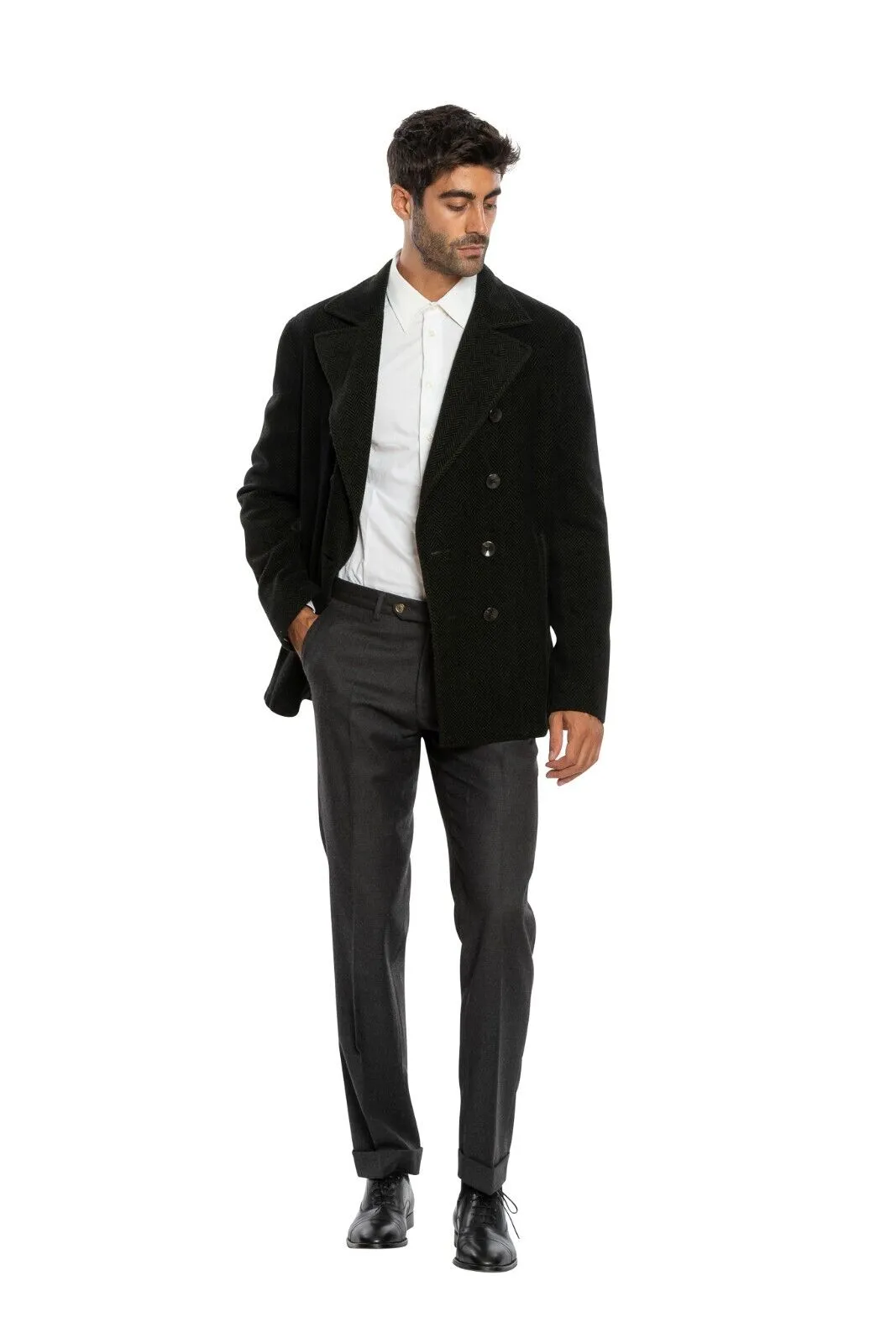 $1950 BOGLIOLI Caban Peacoat Coat Blue / Green Cashmere Wool Cotton  40 US 50 EU
