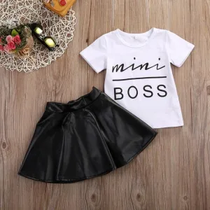 2PCS Toddler Girl Clothes Short Sleeve Mini Boss T-shirt Tops   Leather Skirt Outfit