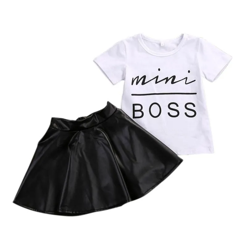 2PCS Toddler Girl Clothes Short Sleeve Mini Boss T-shirt Tops   Leather Skirt Outfit