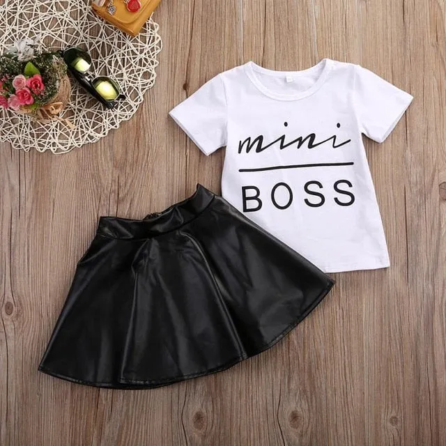 2PCS Toddler Girl Clothes Short Sleeve Mini Boss T-shirt Tops   Leather Skirt Outfit