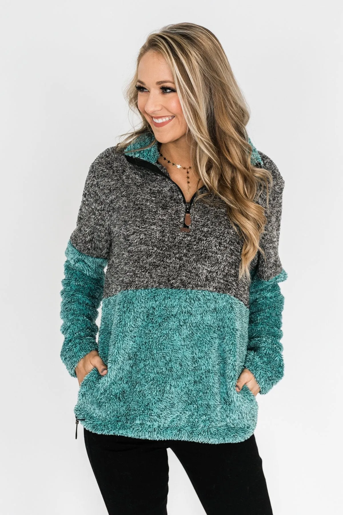 Adjustable Band Color Block Sherpa- Charcoal & Turquoise