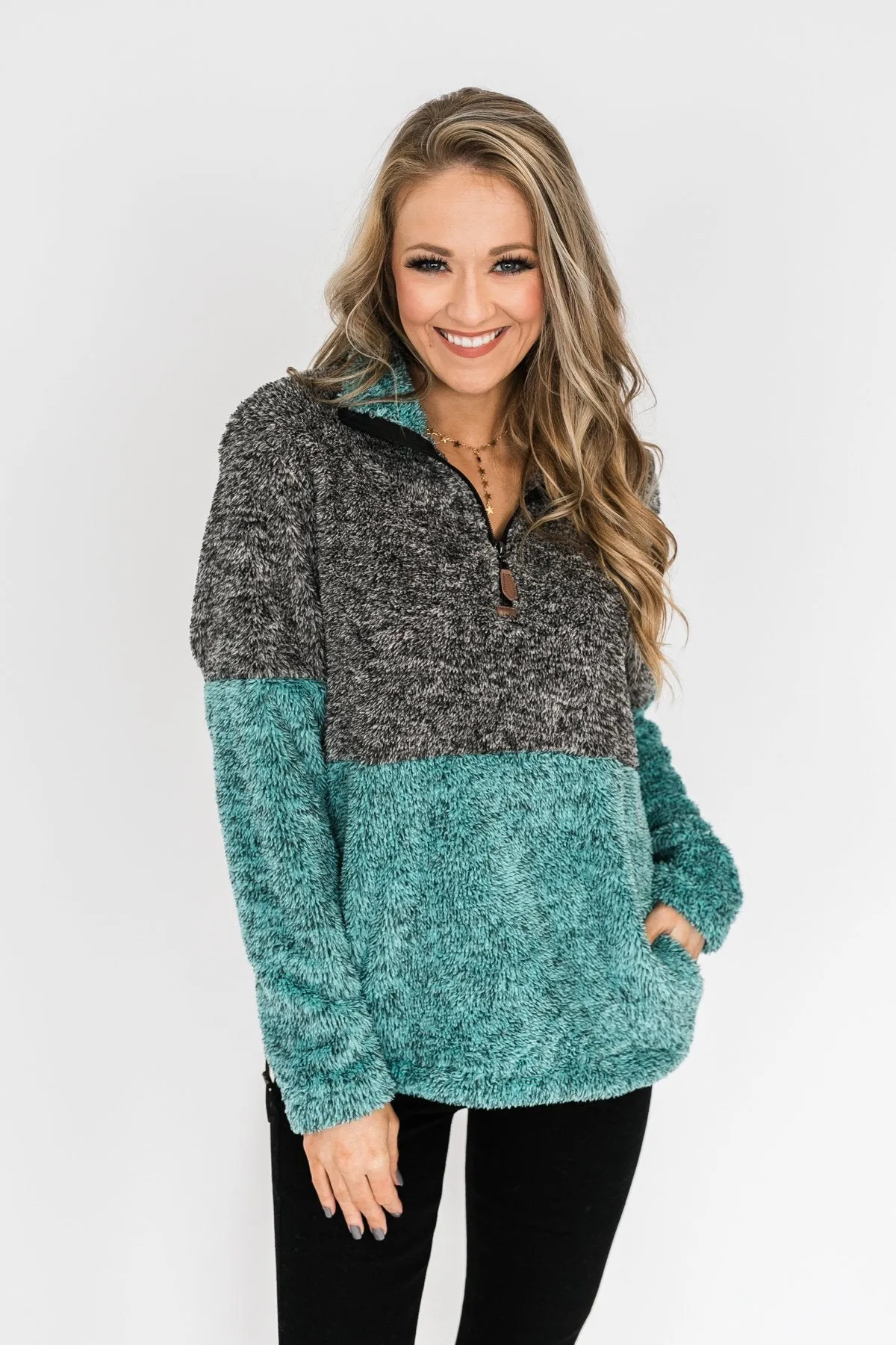 Adjustable Band Color Block Sherpa- Charcoal & Turquoise