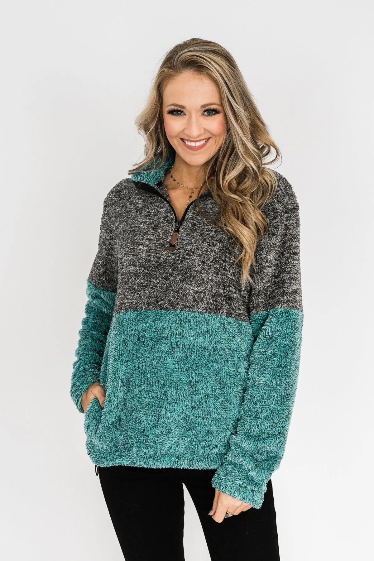 Adjustable Band Color Block Sherpa- Charcoal & Turquoise