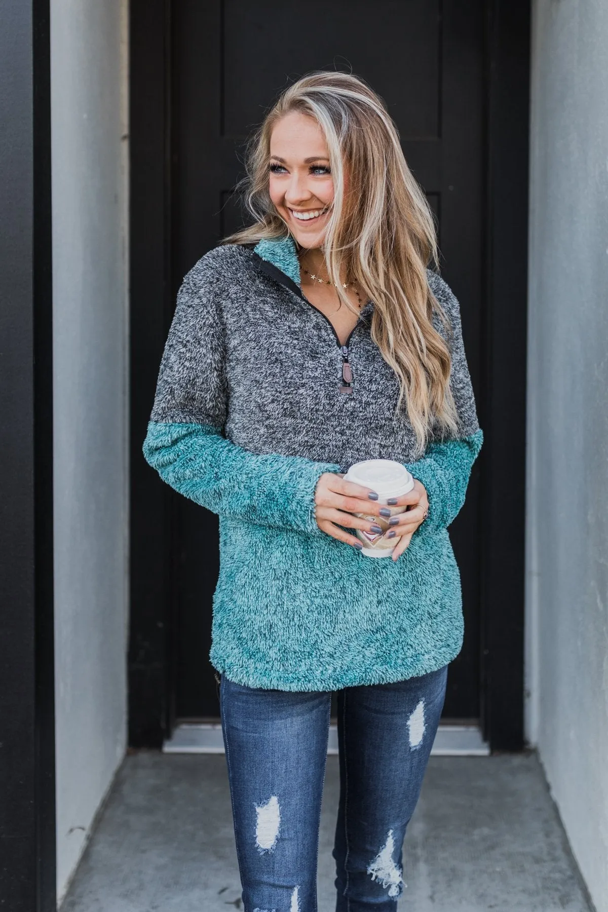 Adjustable Band Color Block Sherpa- Charcoal & Turquoise