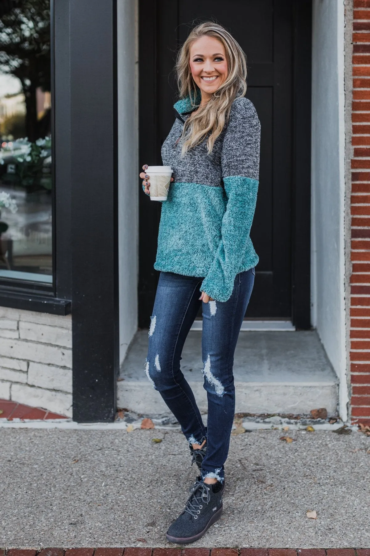 Adjustable Band Color Block Sherpa- Charcoal & Turquoise