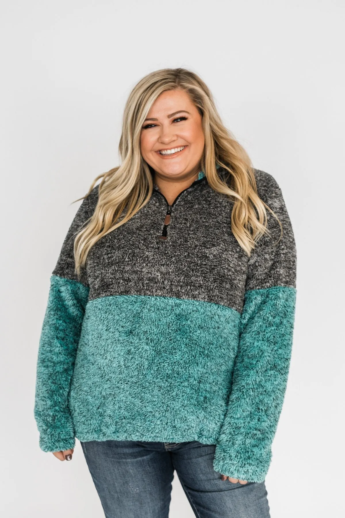 Adjustable Band Color Block Sherpa- Charcoal & Turquoise