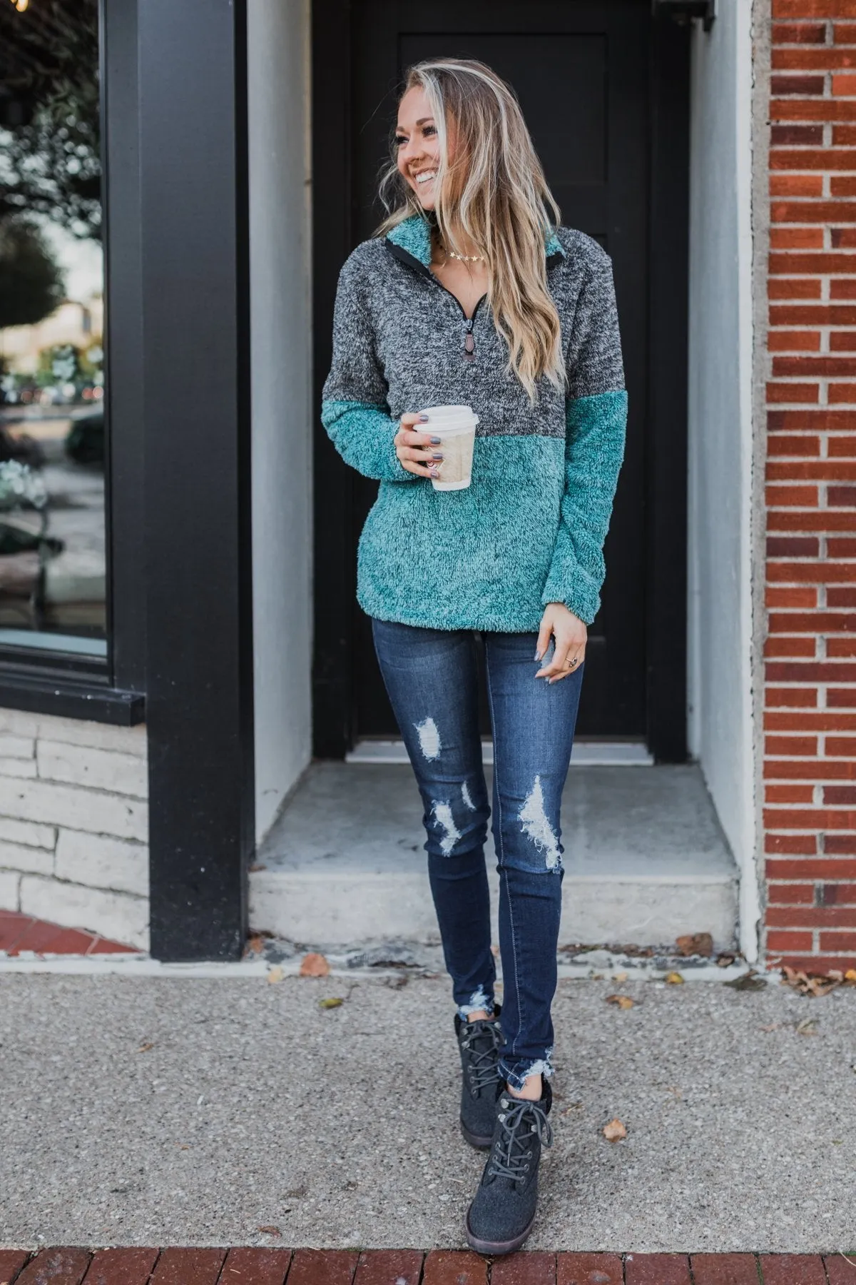 Adjustable Band Color Block Sherpa- Charcoal & Turquoise