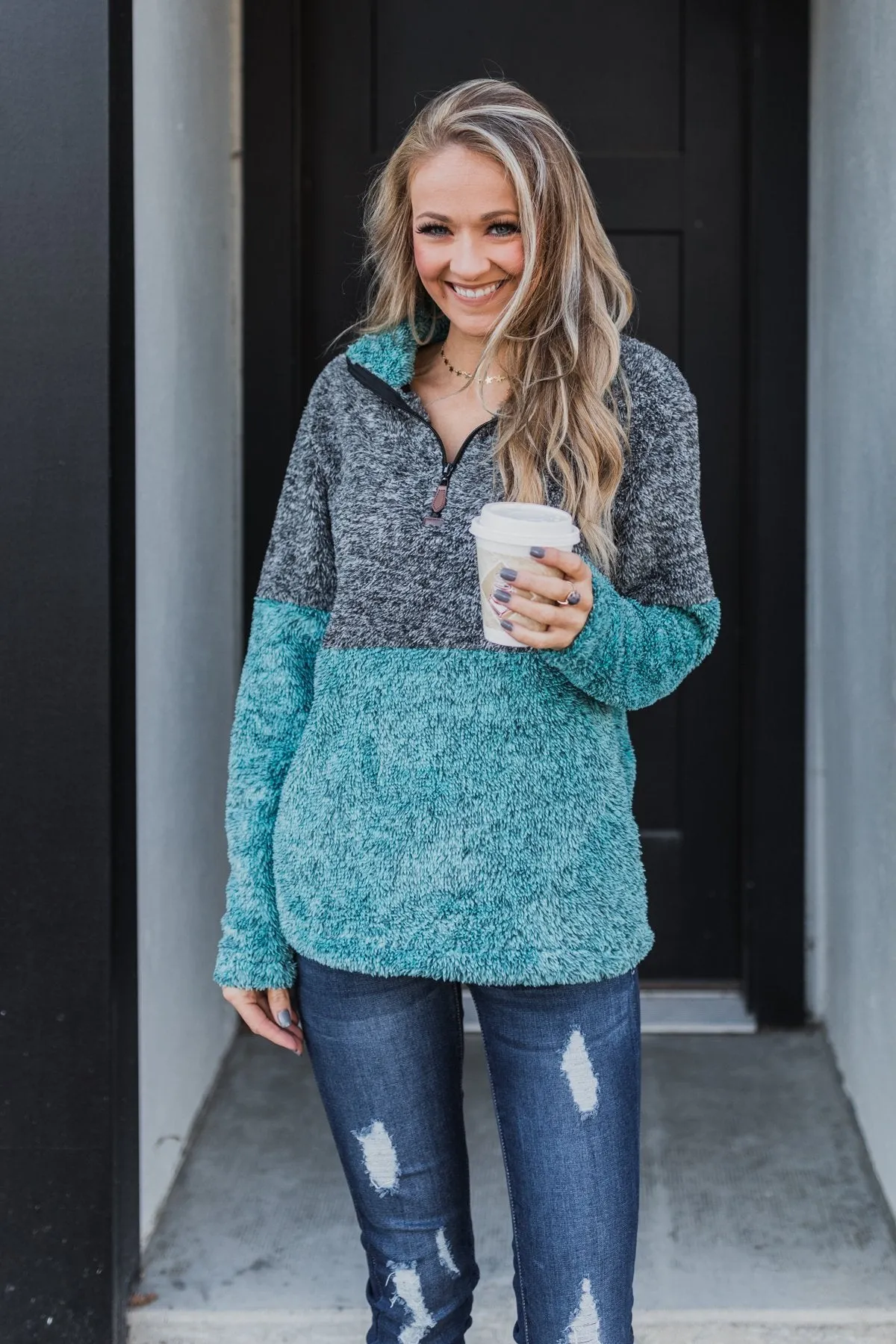 Adjustable Band Color Block Sherpa- Charcoal & Turquoise