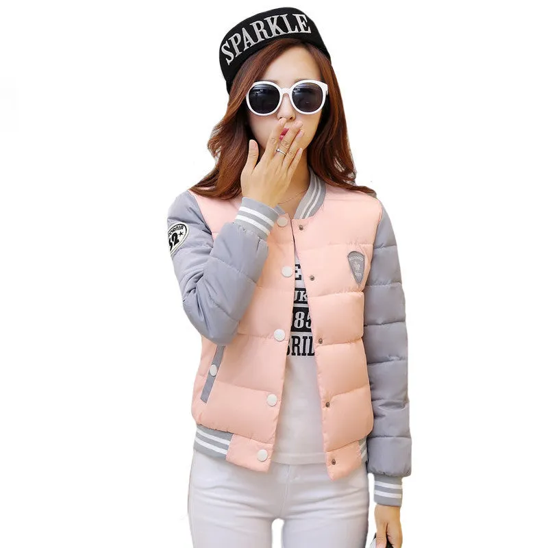 autumn winter women warm baseball jacket candy color Splice plus size jacket cotton padded for elegant ladies zipper coats hem