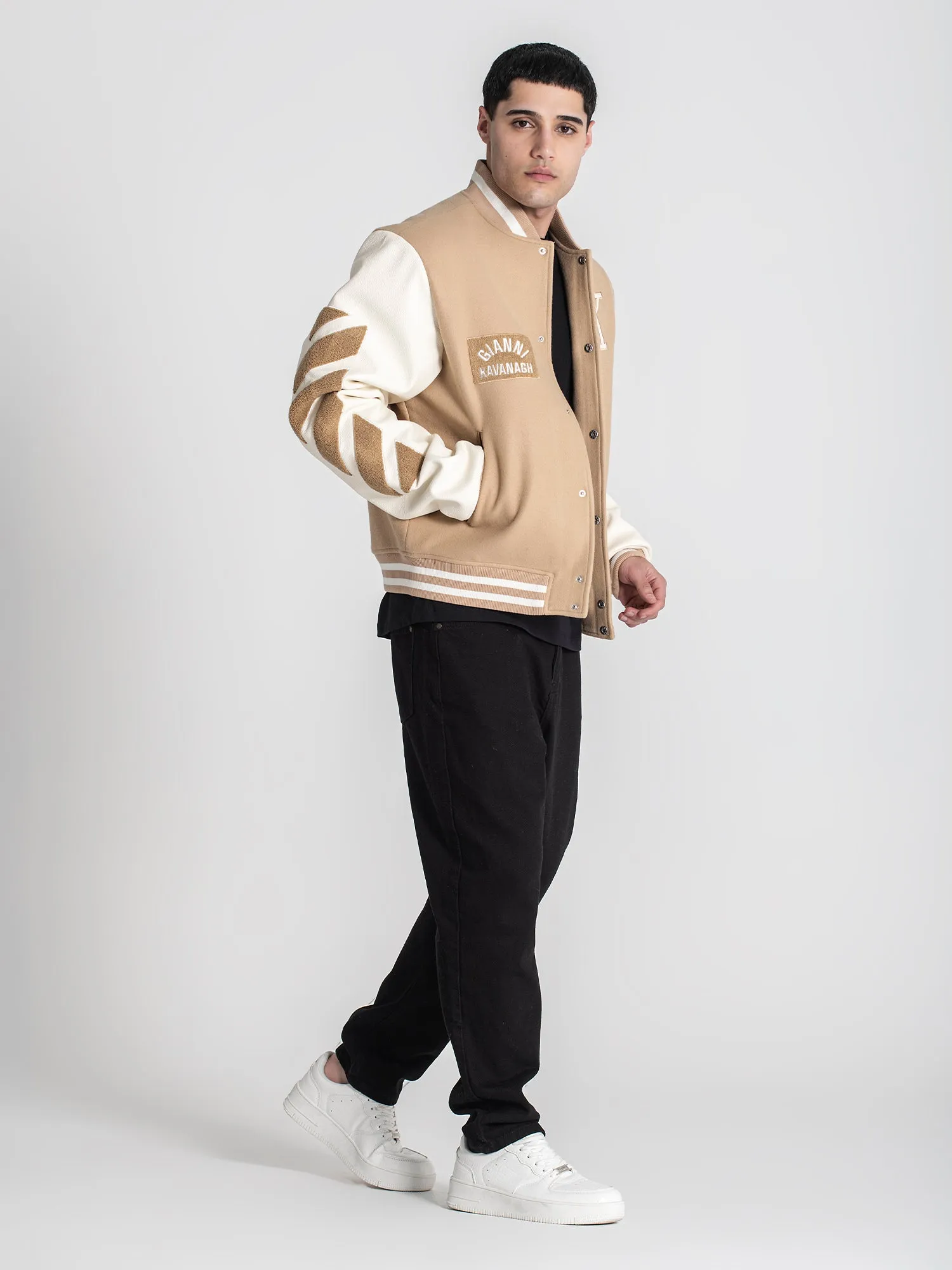 Beige Varsity Bomber Jacket
