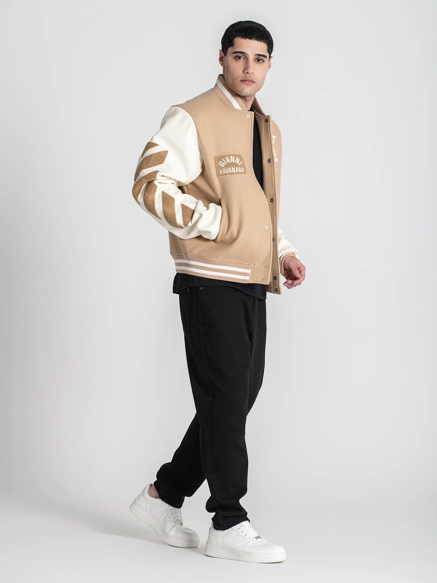 Beige Varsity Bomber Jacket