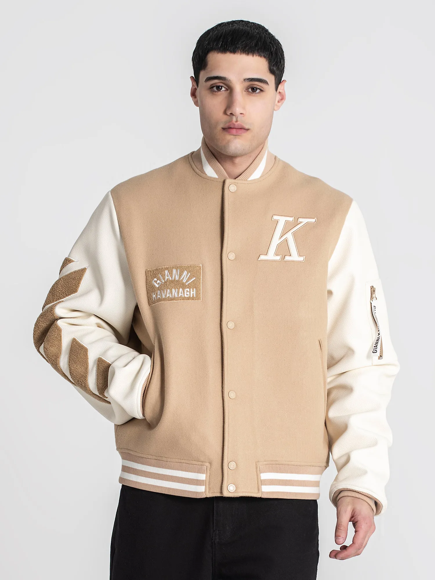 Beige Varsity Bomber Jacket