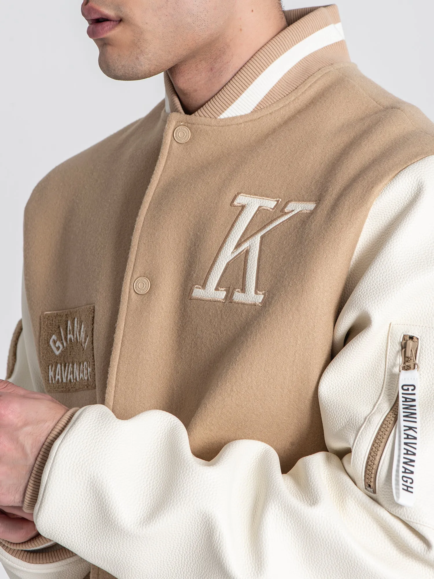 Beige Varsity Bomber Jacket