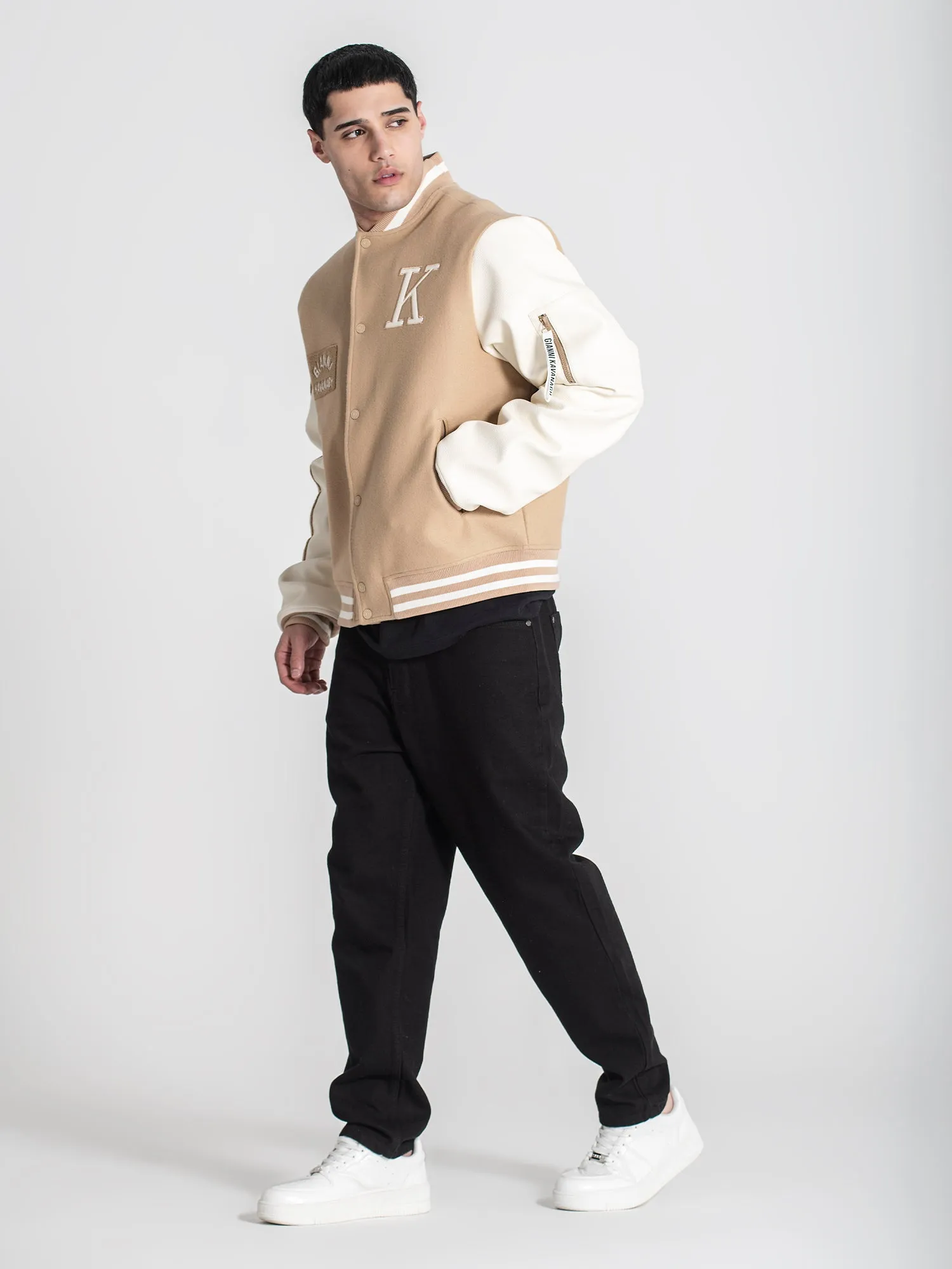 Beige Varsity Bomber Jacket