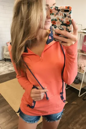 Best of Me Floral Accent Quarter Zip Hoodie- Coral