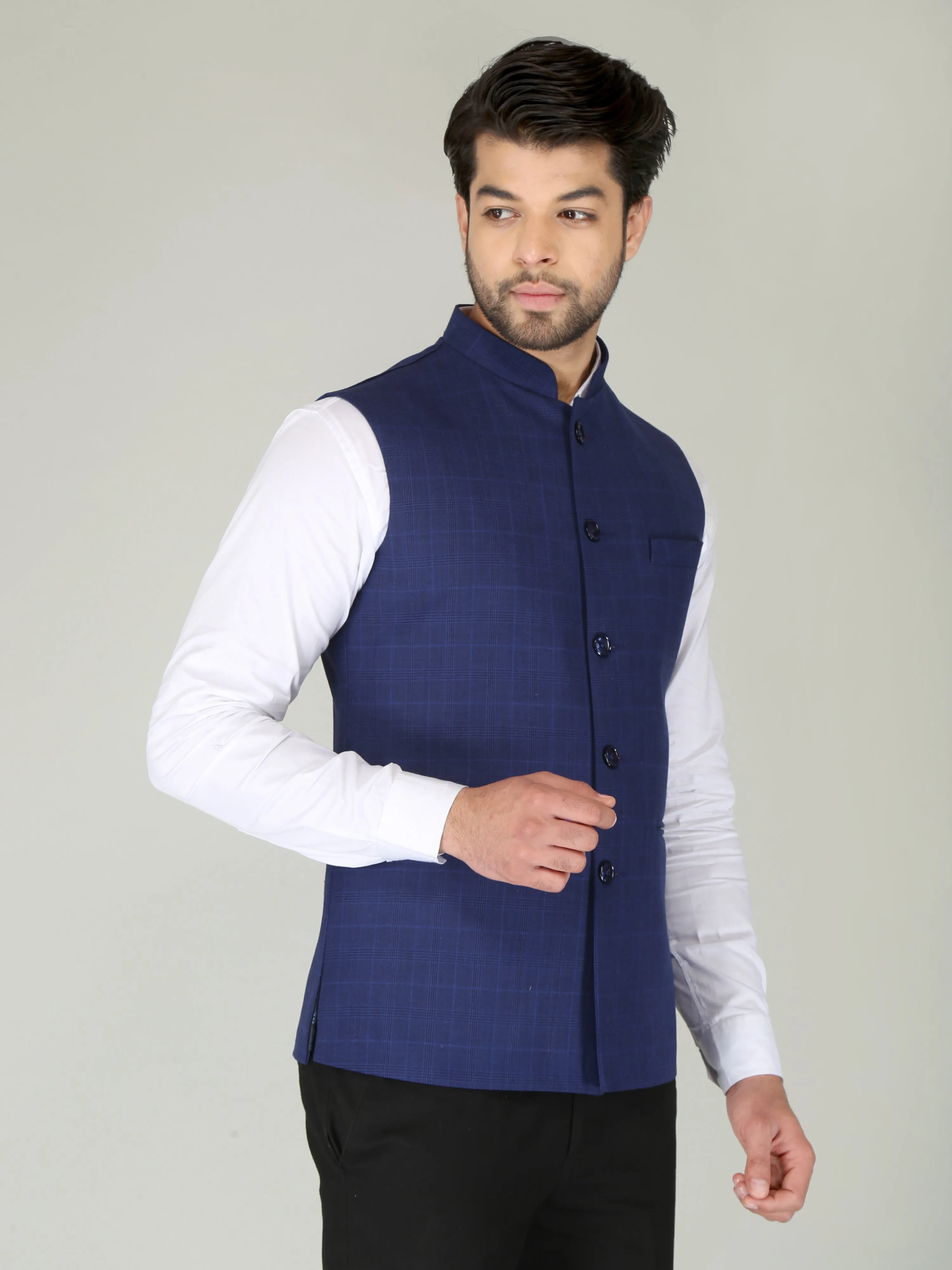 Blue Tartan Checks Formal Nehru Jackets