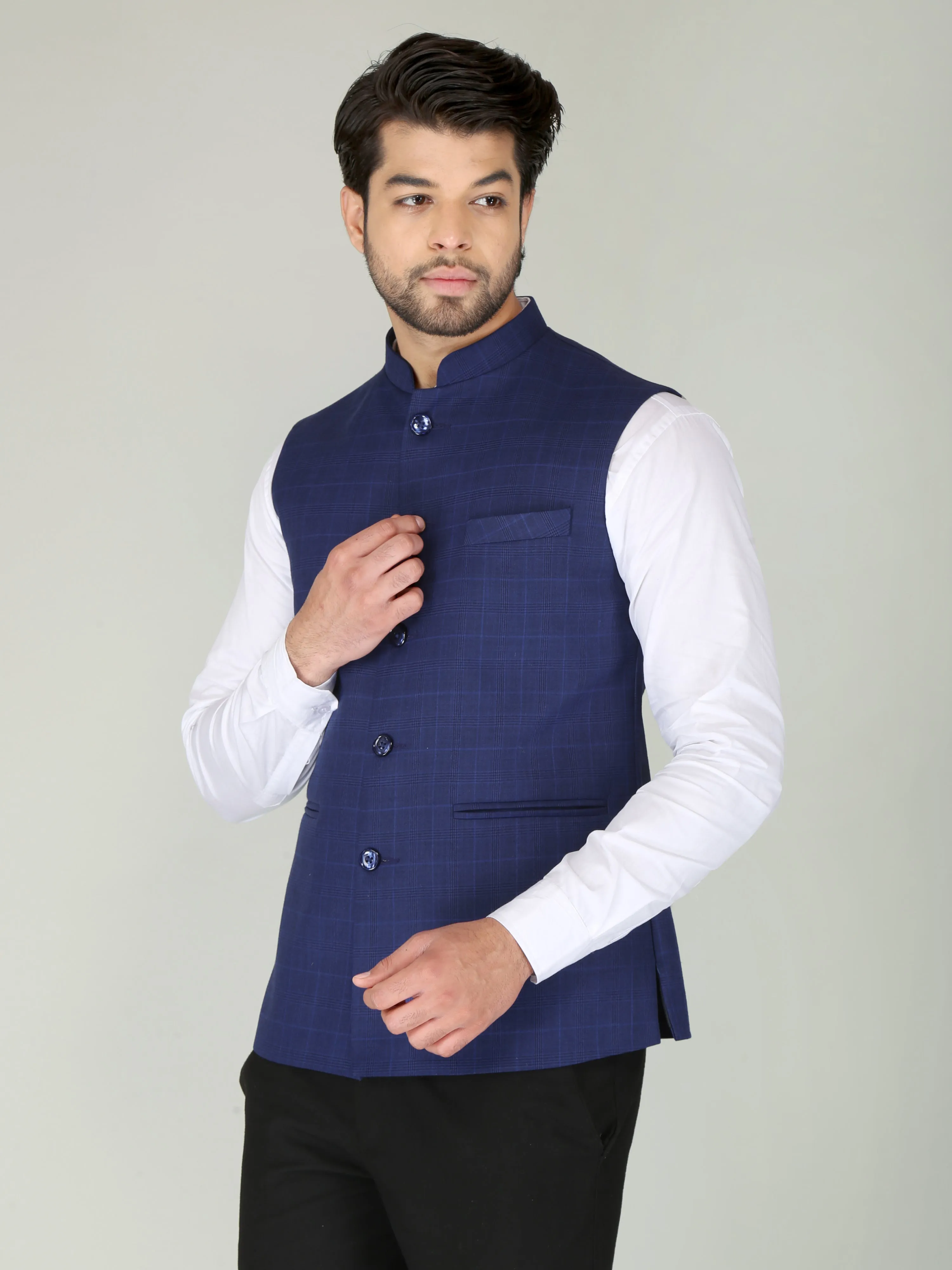 Blue Tartan Checks Formal Nehru Jackets