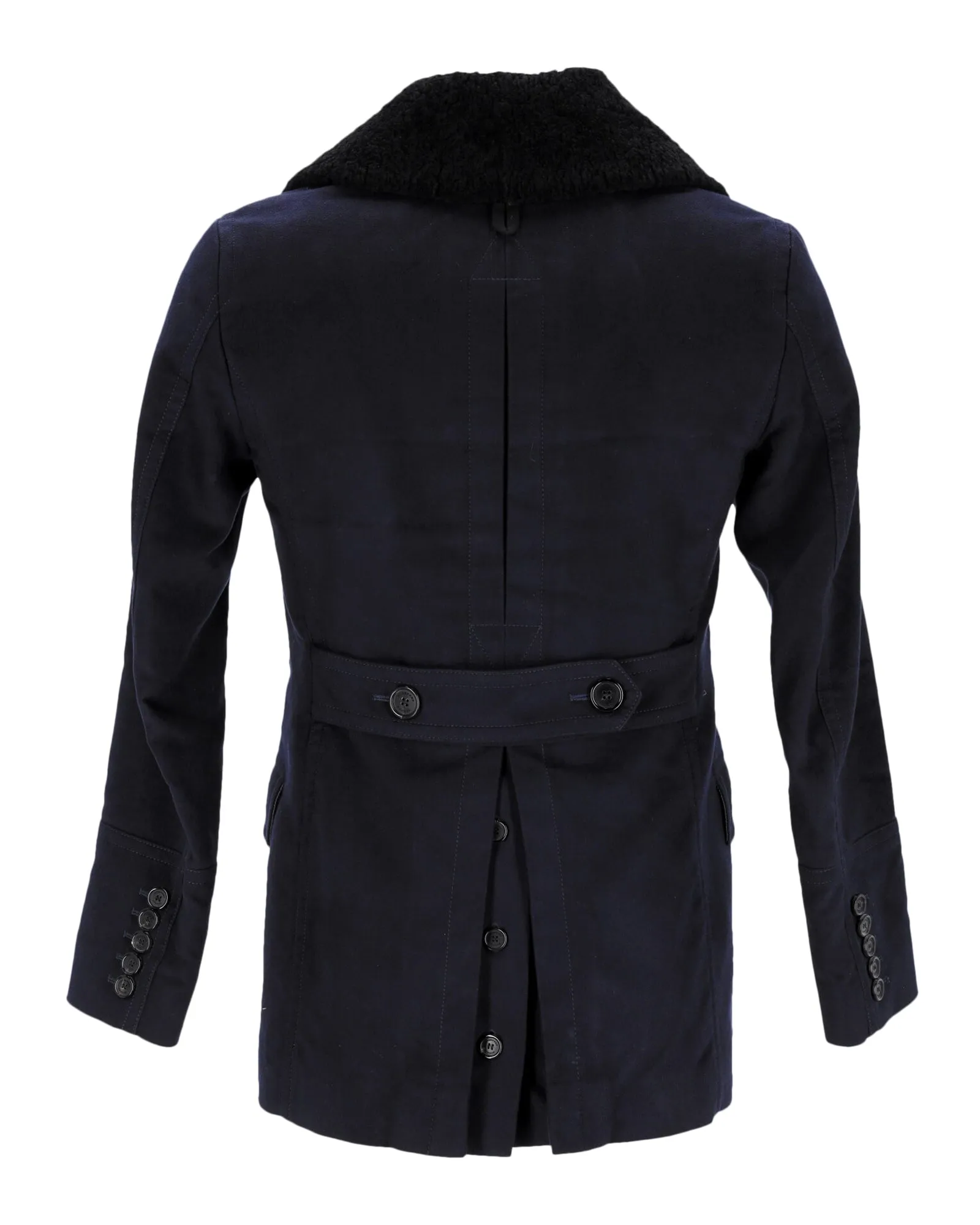 Burberry London Bateson Pea Coat With Shearling Collar in Navy Blue Viscose