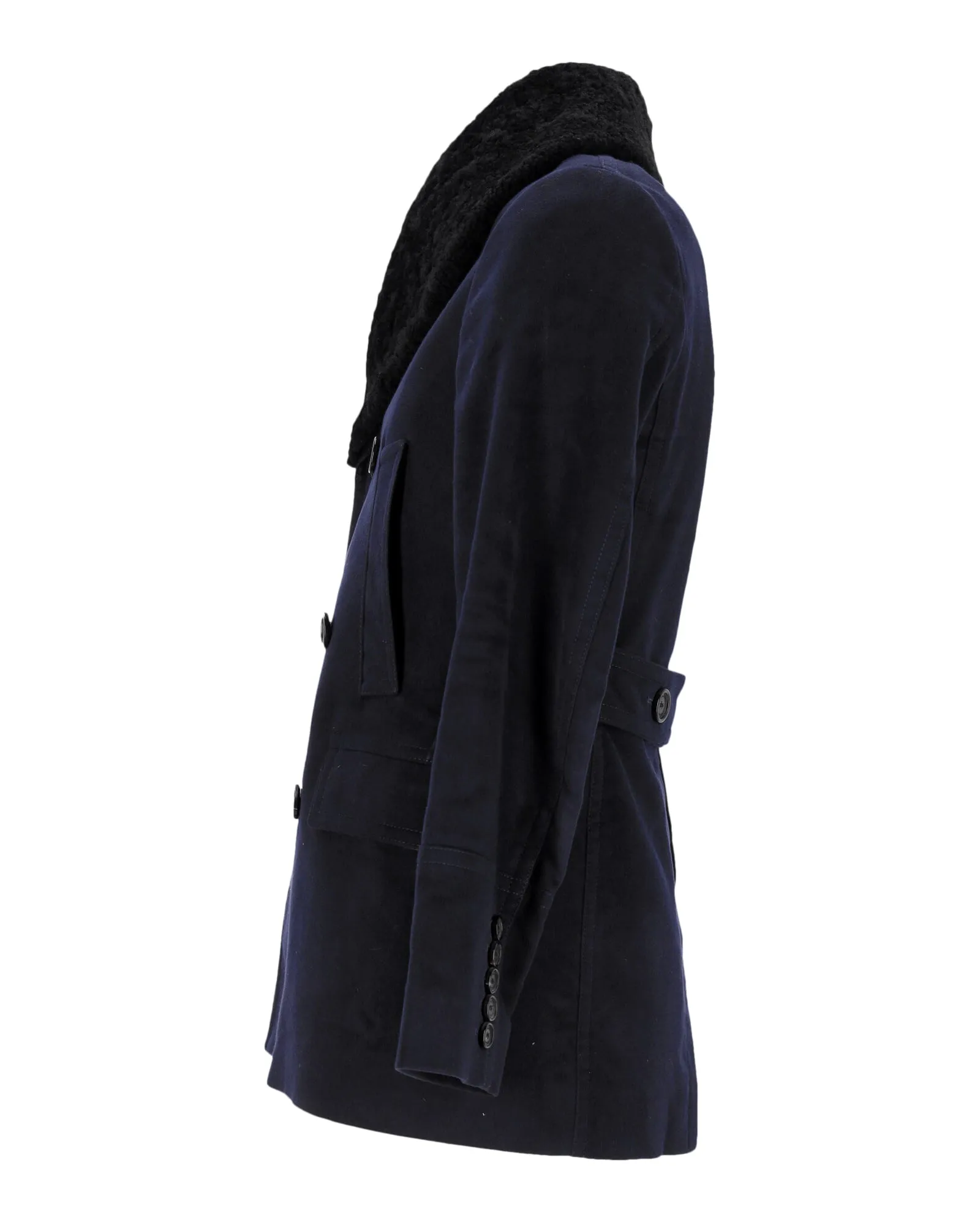 Burberry London Bateson Pea Coat With Shearling Collar in Navy Blue Viscose