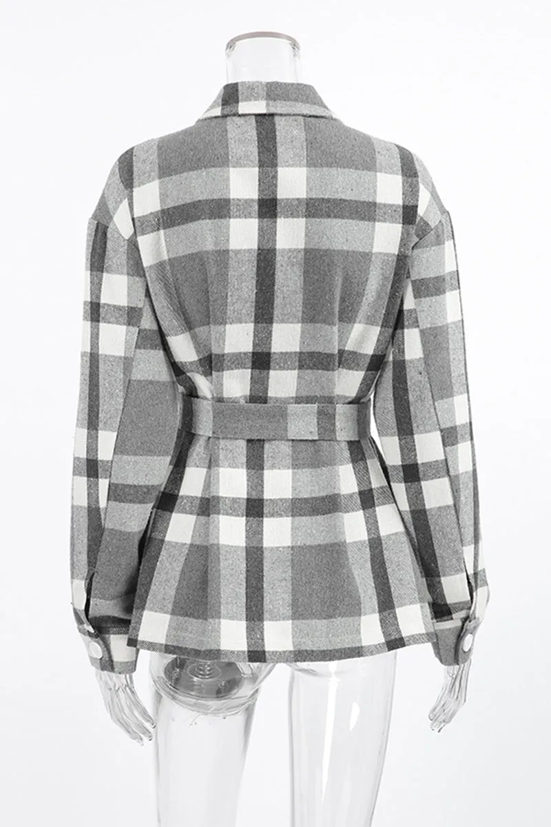 Casual Plaid Lace Up Buttons Contrast Gross Turndown Collar Outerwear