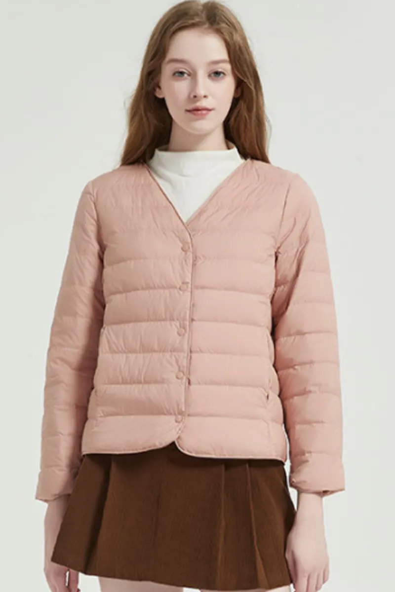 Casual Pocket Buttons White duck down V Neck Outerwear(Down content 86%~90%)(3 Colors)