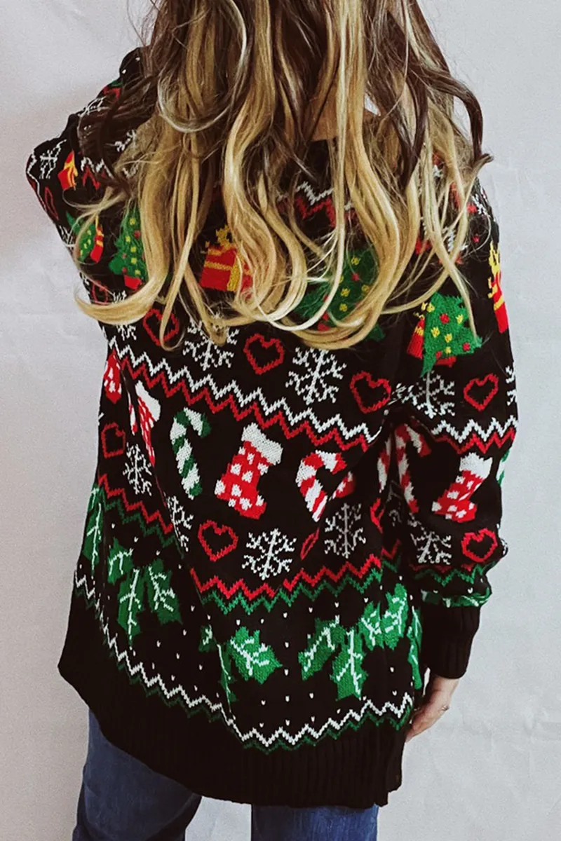 Casual Snowflakes Christmas Tree Buttons Weave Contrast V Neck Outerwear