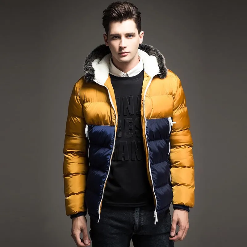 Contrast Color Mens Jackets Men's Parka Fur hood Men Coat Casual & Fit Thick Man Down Jacket