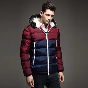 Contrast Color Mens Jackets Men's Parka Fur hood Men Coat Casual & Fit Thick Man Down Jacket