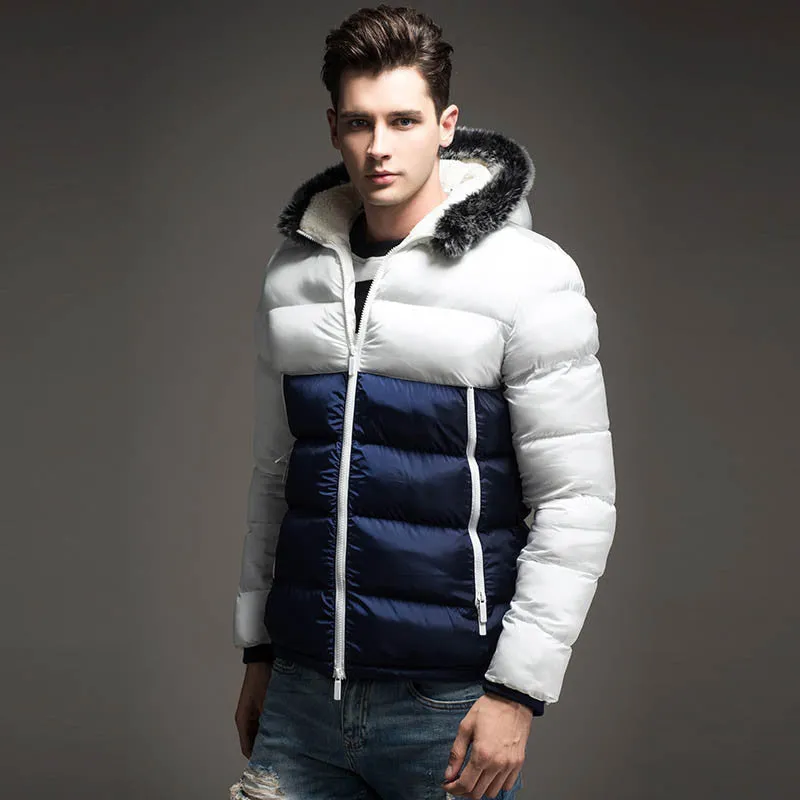 Contrast Color Mens Jackets Men's Parka Fur hood Men Coat Casual & Fit Thick Man Down Jacket