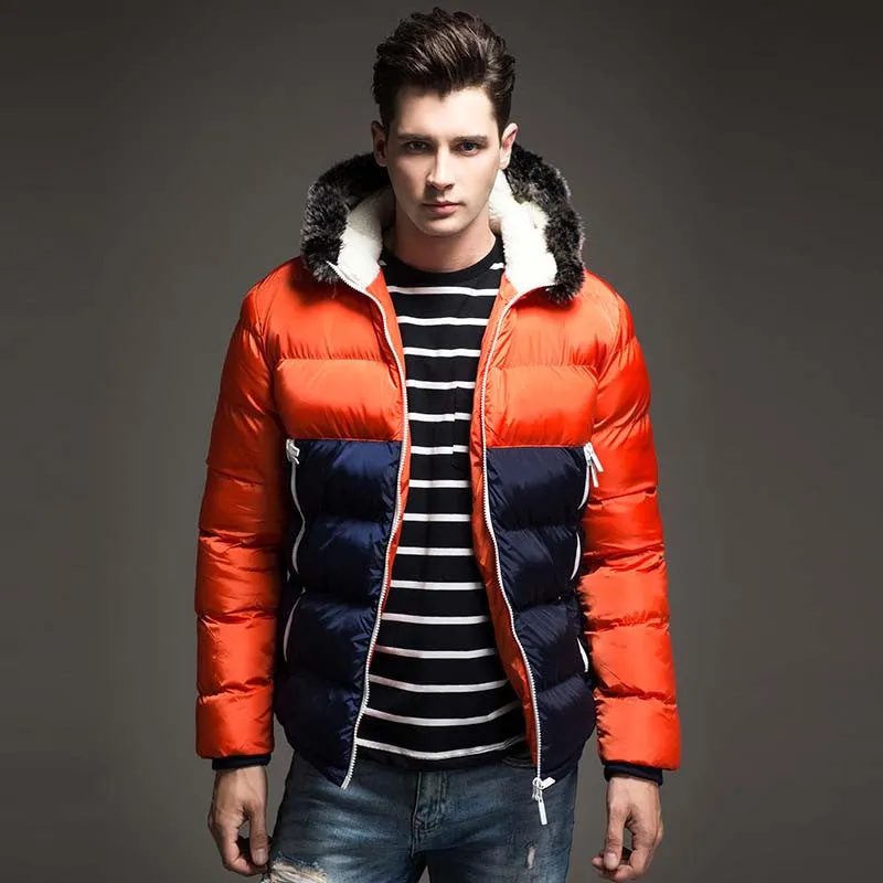 Contrast Color Mens Jackets Men's Parka Fur hood Men Coat Casual & Fit Thick Man Down Jacket