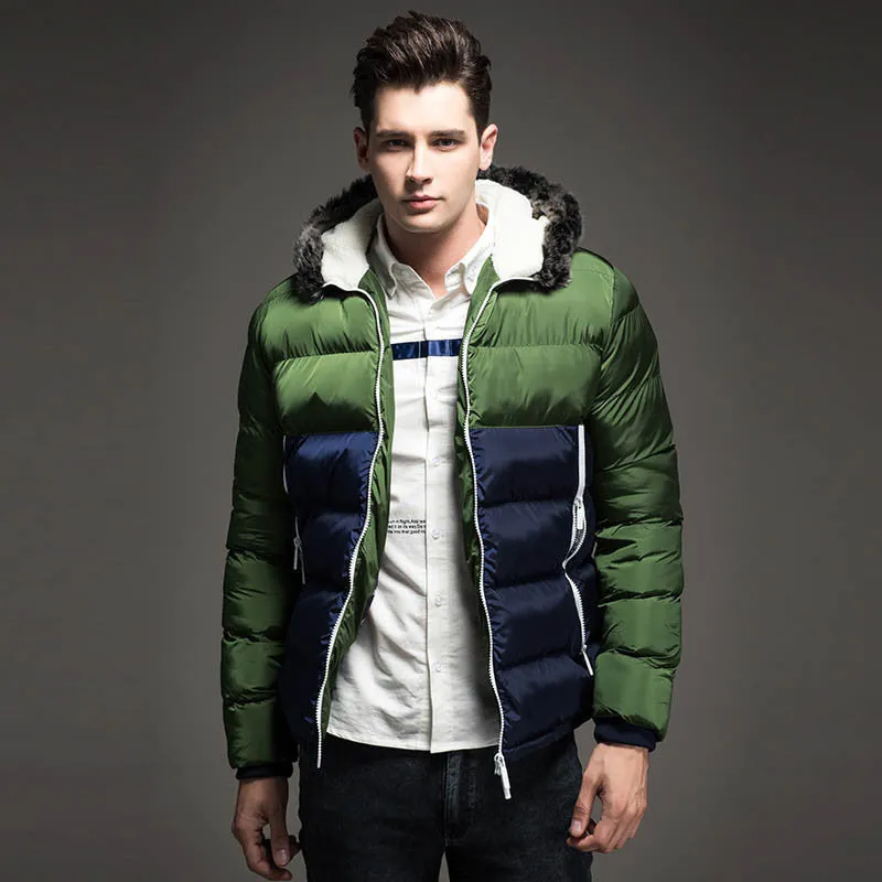 Contrast Color Mens Jackets Men's Parka Fur hood Men Coat Casual & Fit Thick Man Down Jacket