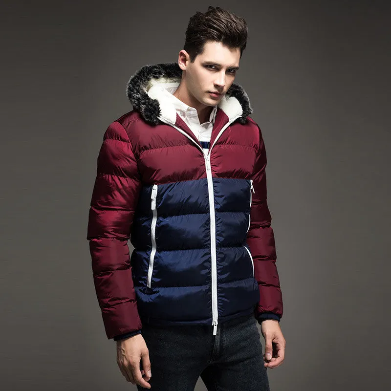 Contrast Color Mens Jackets Men's Parka Fur hood Men Coat Casual & Fit Thick Man Down Jacket