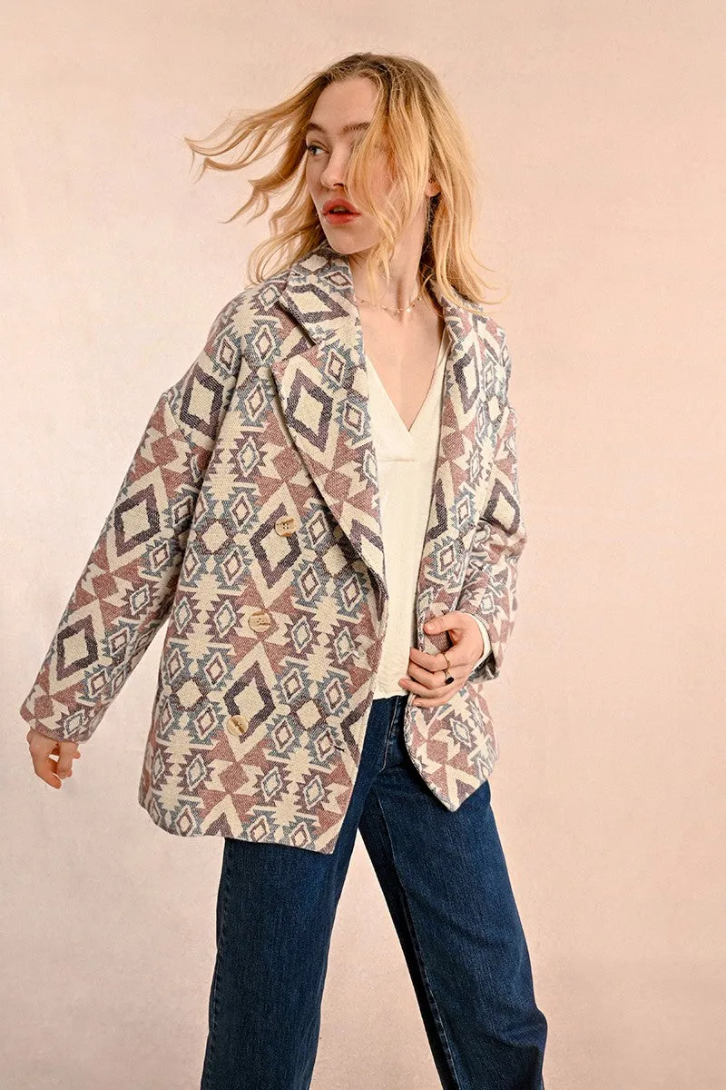CROSSOVER PEA COAT WITH ETHNIC PATTERN