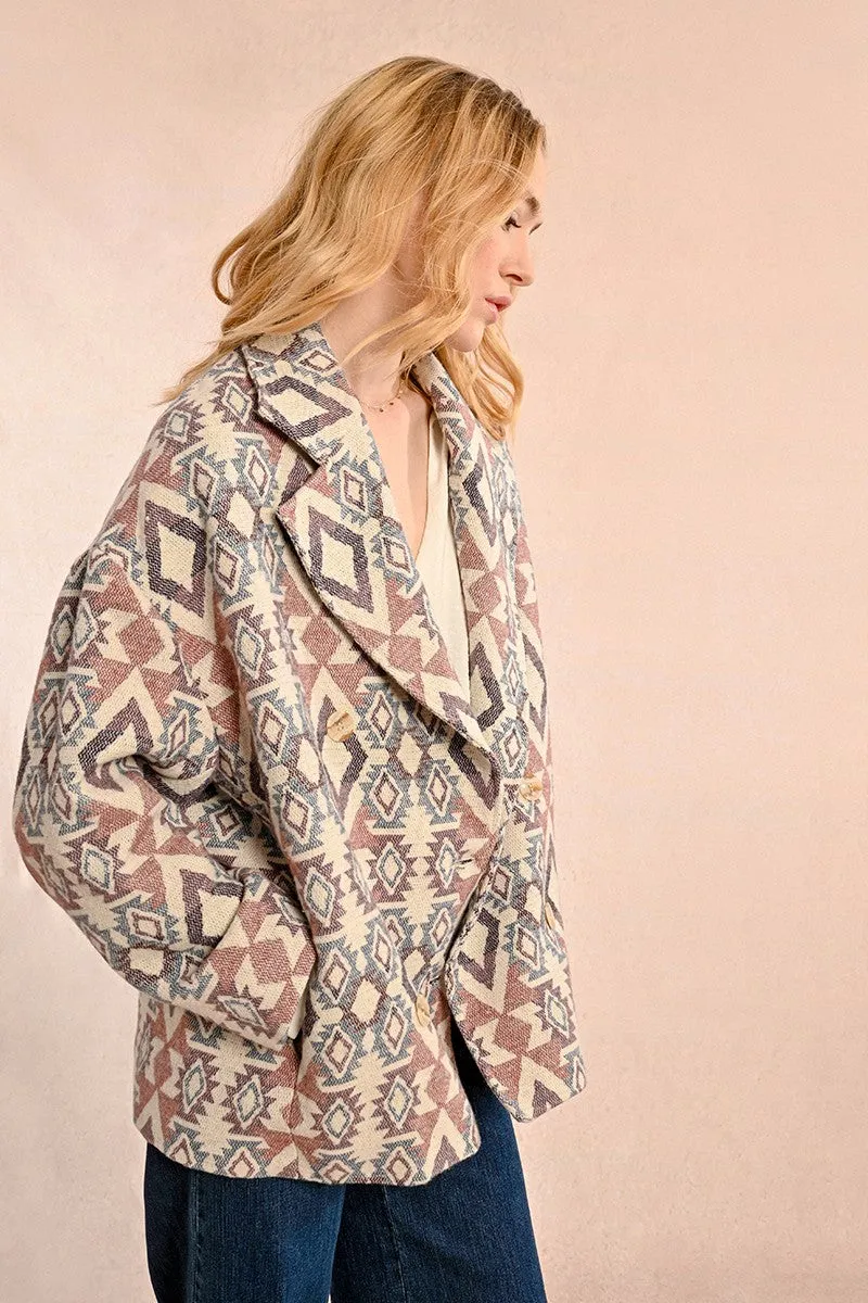 CROSSOVER PEA COAT WITH ETHNIC PATTERN