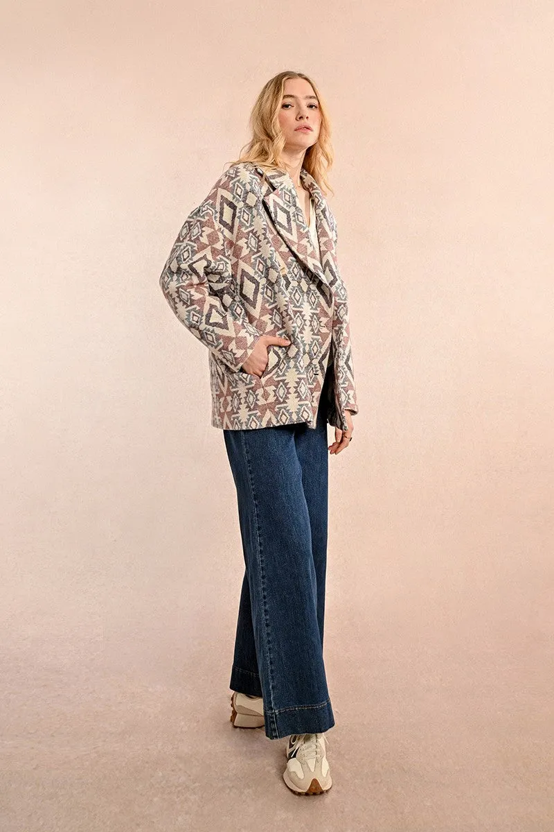 CROSSOVER PEA COAT WITH ETHNIC PATTERN