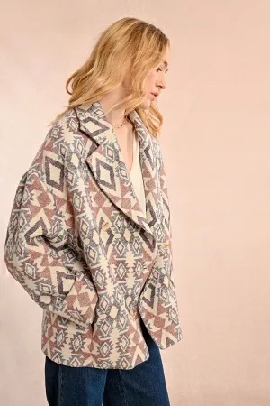 CROSSOVER PEA COAT WITH ETHNIC PATTERN
