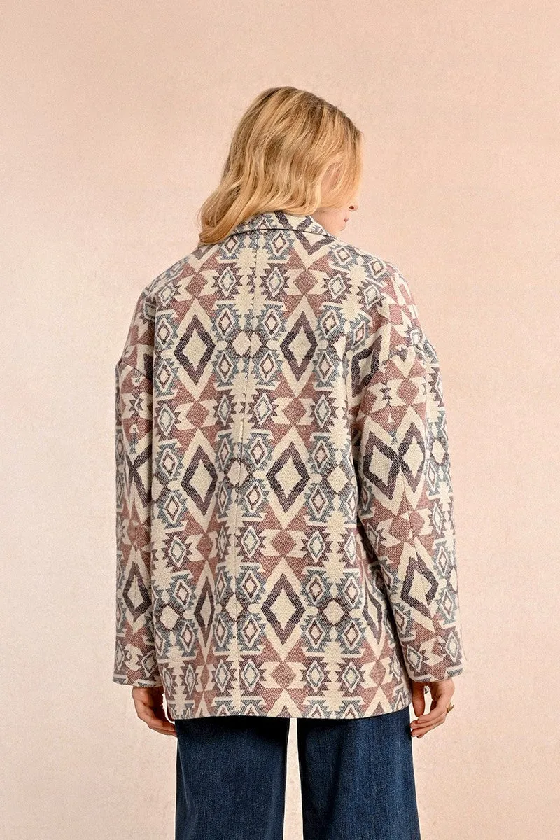 CROSSOVER PEA COAT WITH ETHNIC PATTERN