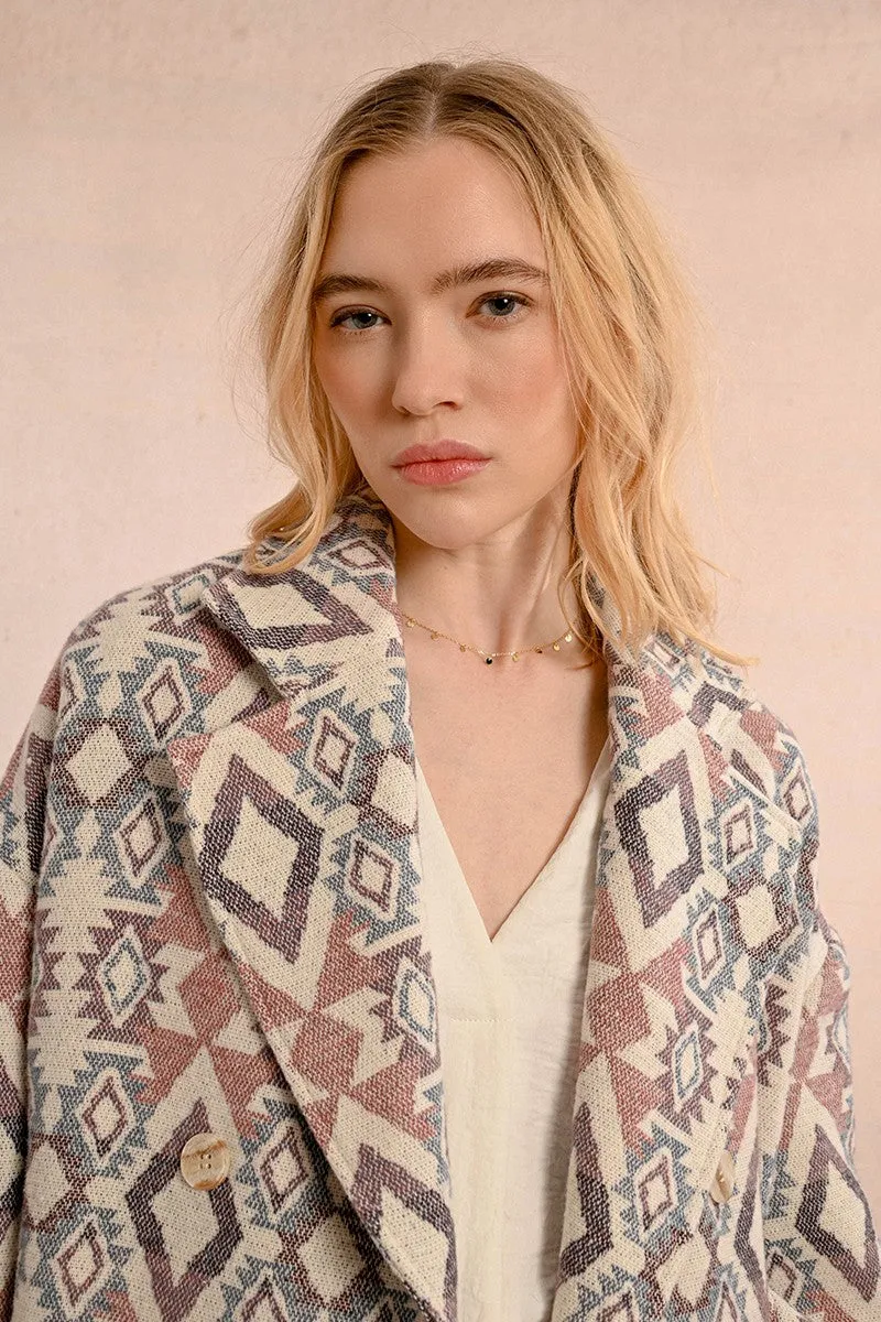 CROSSOVER PEA COAT WITH ETHNIC PATTERN