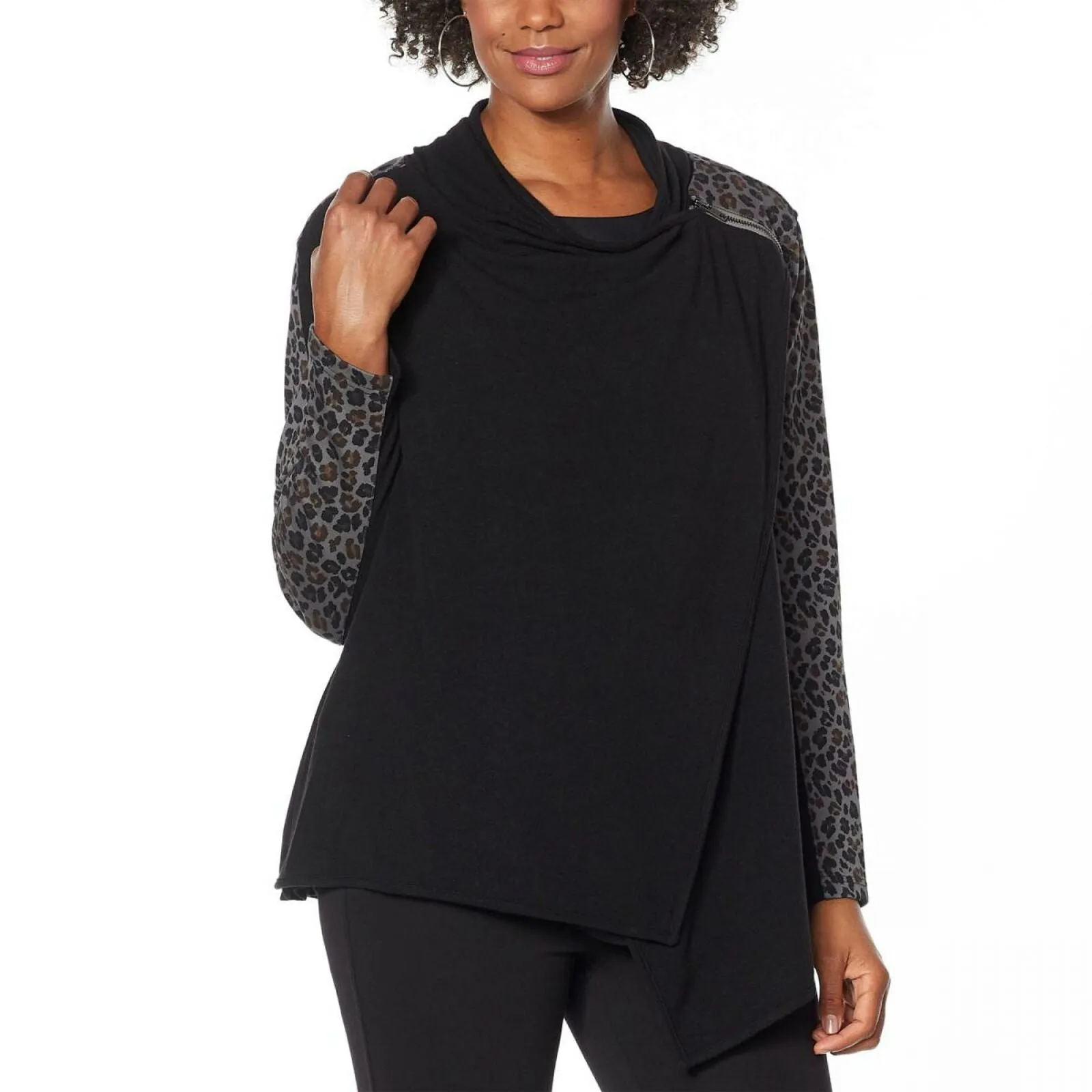 DG2 by Diane Gilman Eco Ponte Knit Drape Front Easy Jacket Black Leopard XS