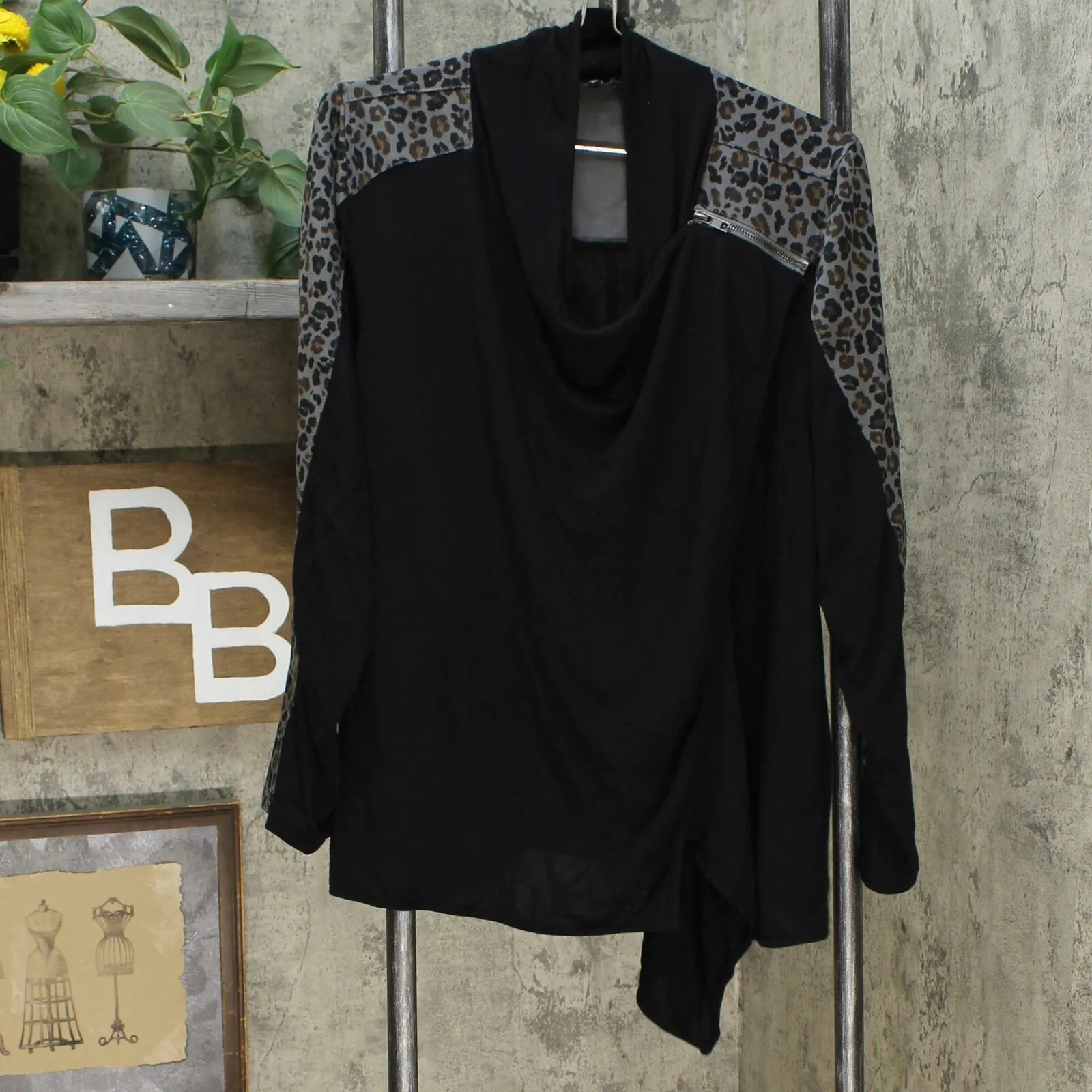 DG2 by Diane Gilman Eco Ponte Knit Drape Front Easy Jacket Black Leopard XS