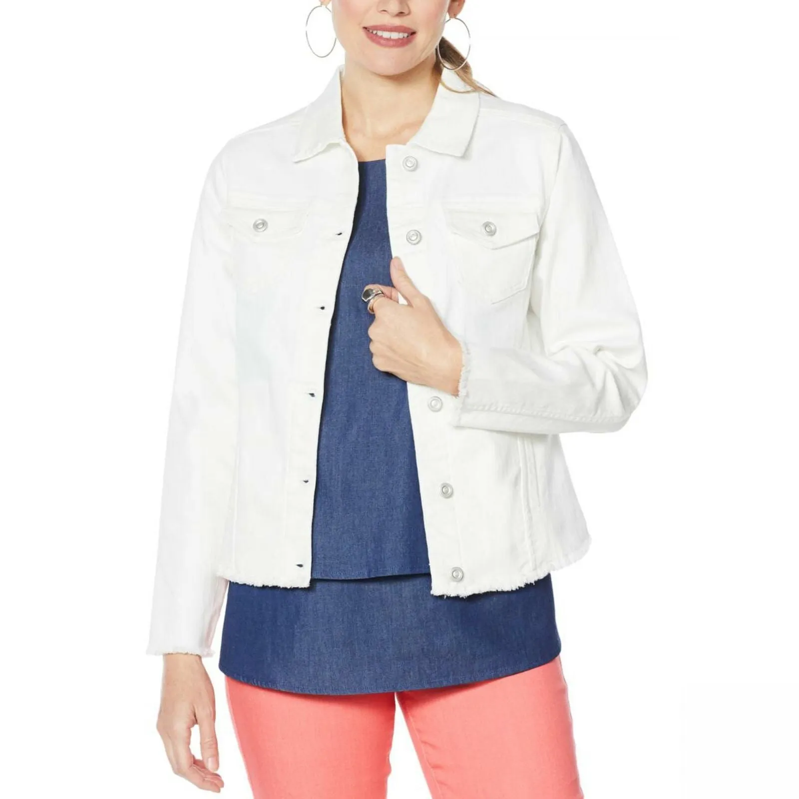 DG2 by Diane Gilman Women's Frayed Hem Denim Jacket Ivory XS