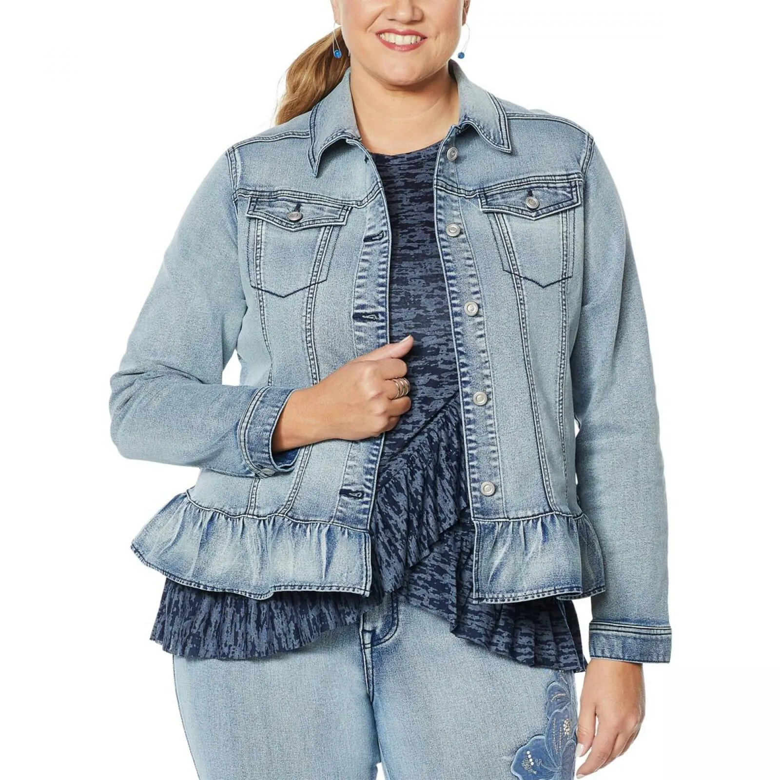 DG2 by Diane Gilman Women's Plus Size Ruffle Hem Sorbet Denim Jean Jacket