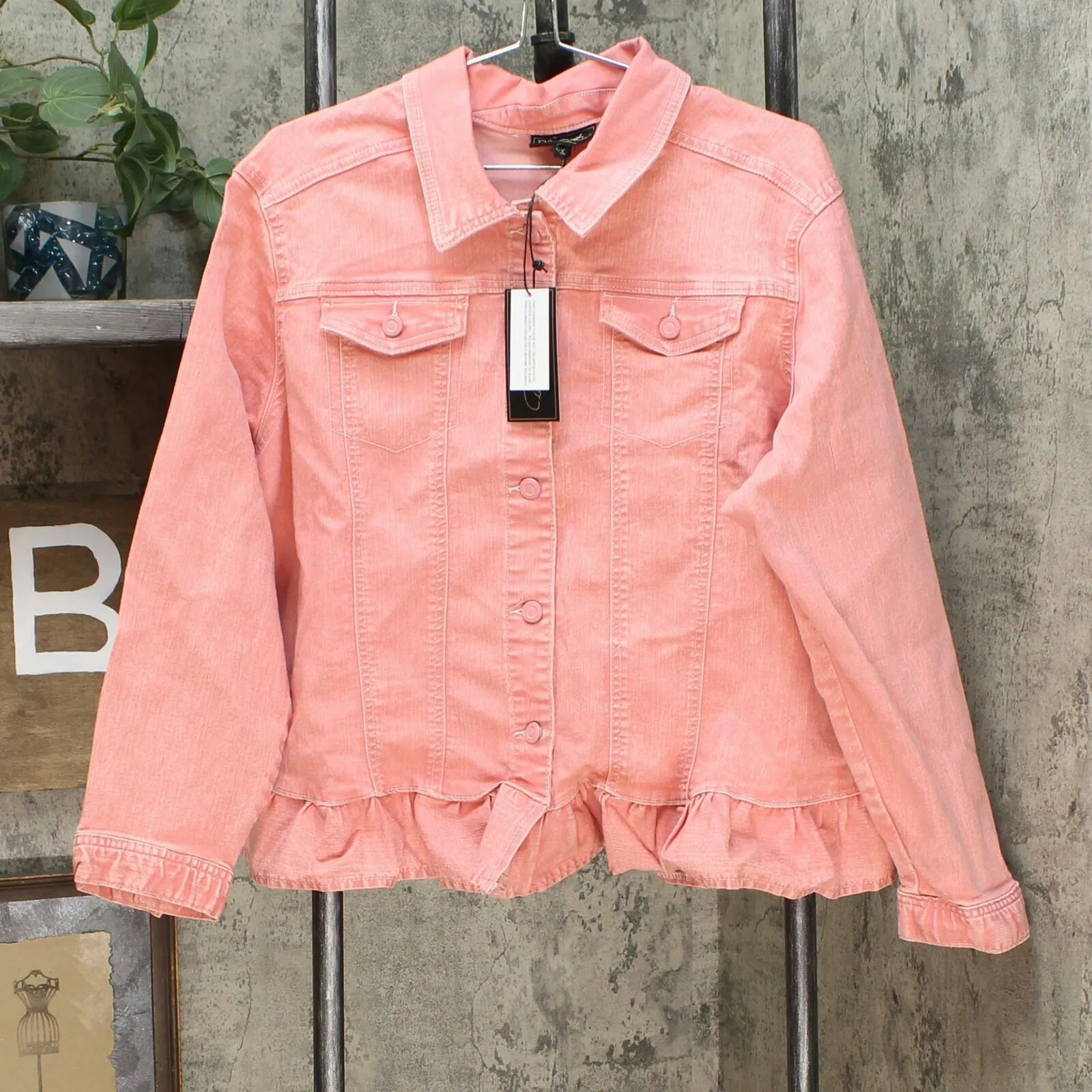 DG2 by Diane Gilman Women's Plus Size Ruffle Hem Sorbet Denim Jean Jacket