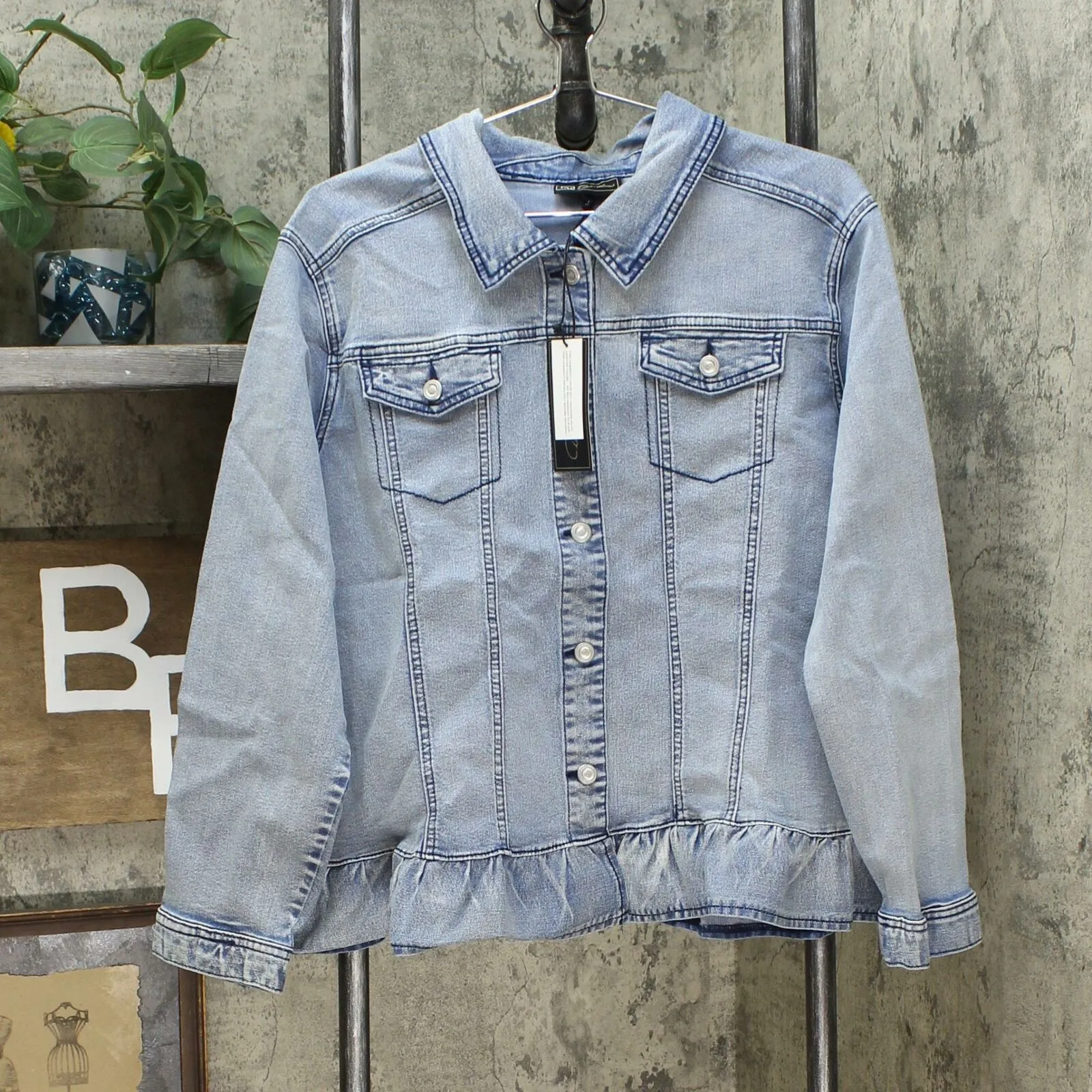 DG2 by Diane Gilman Women's Plus Size Ruffle Hem Sorbet Denim Jean Jacket