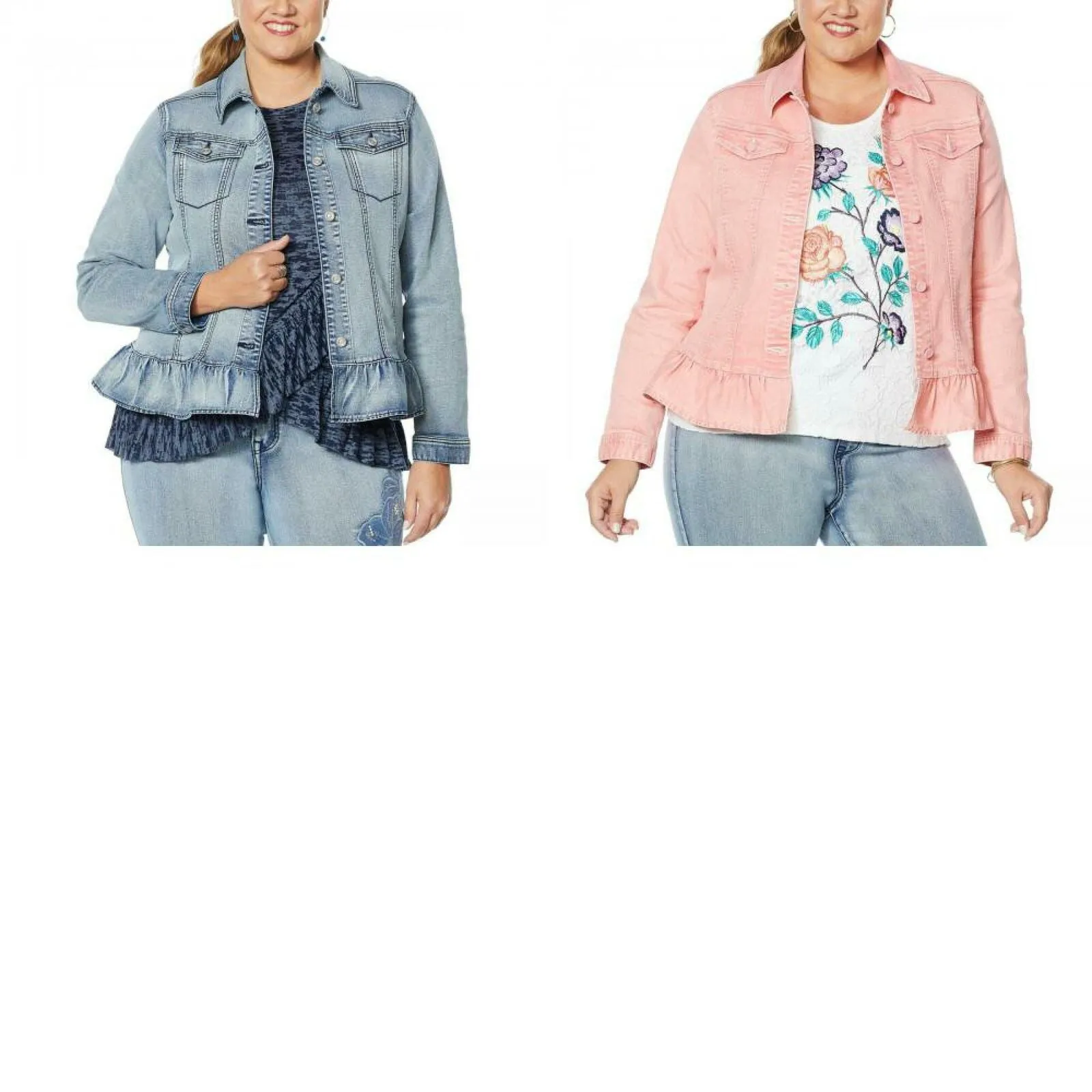 DG2 by Diane Gilman Women's Plus Size Ruffle Hem Sorbet Denim Jean Jacket