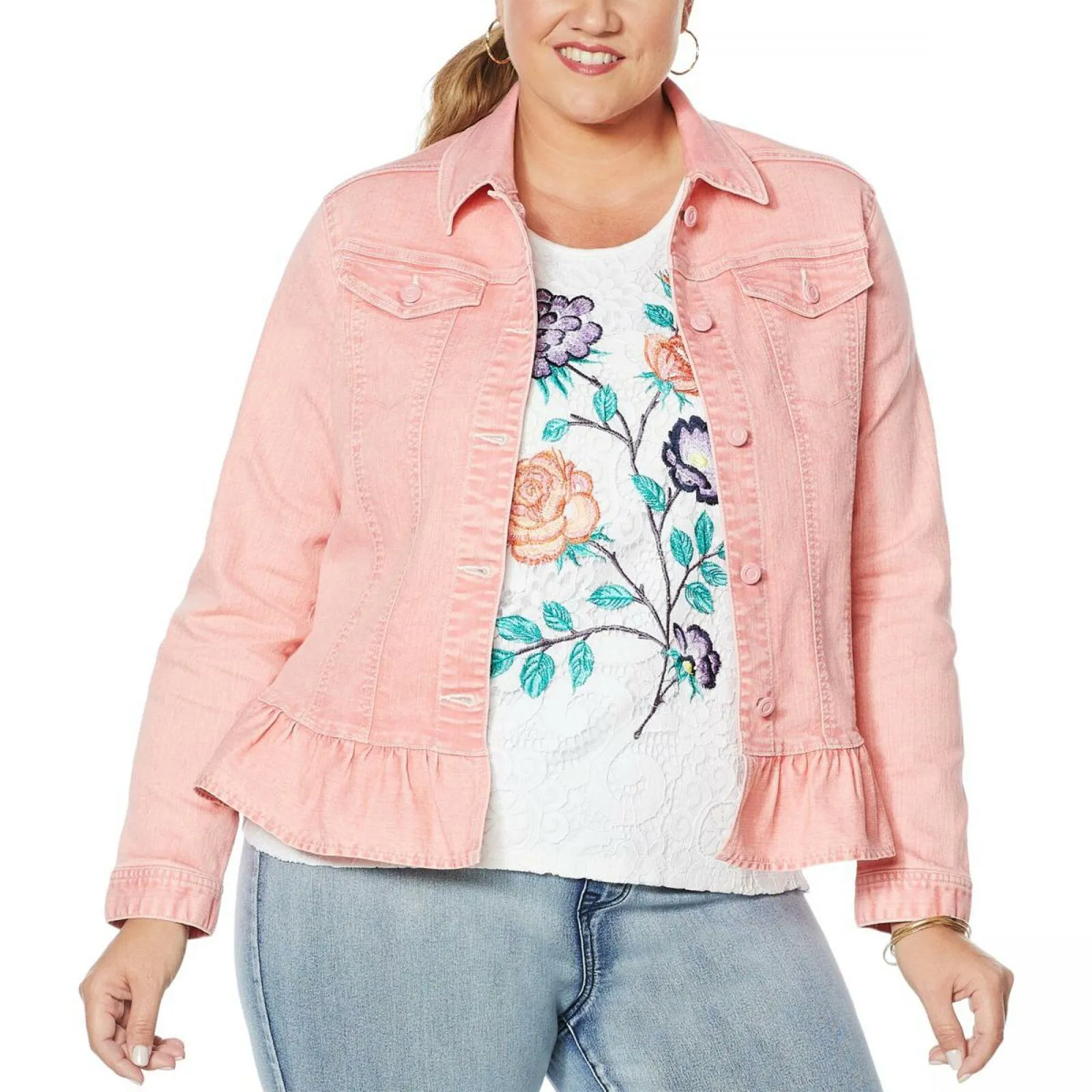 DG2 by Diane Gilman Women's Plus Size Ruffle Hem Sorbet Denim Jean Jacket