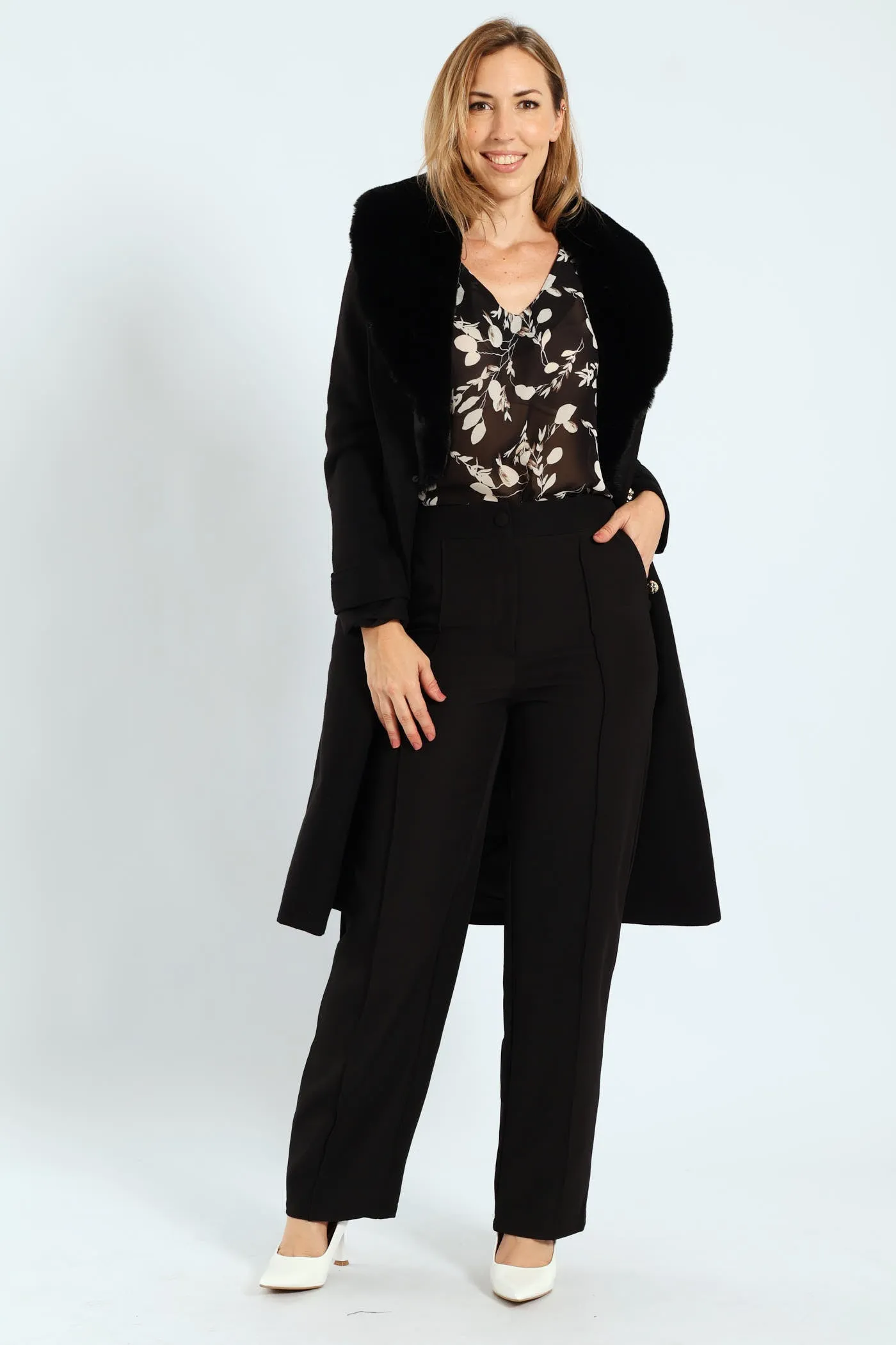 Diana Fur Collar Coat - Black