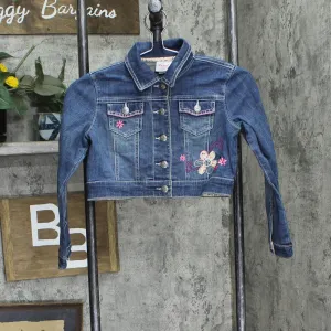Disney Girls Embroidered Button Up Cropped Jean Jacket Blue Multi Tween Fit 8