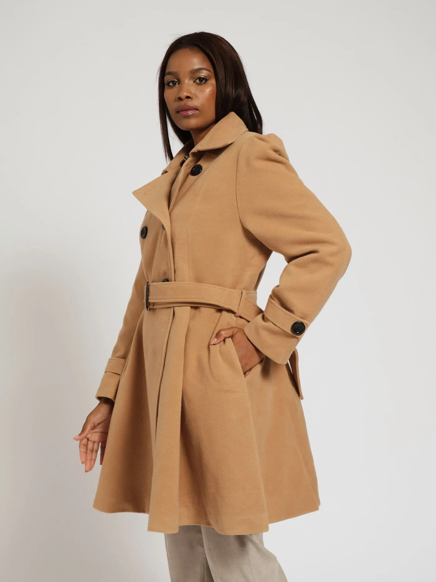 Double Breasted Flare Coat - Camel