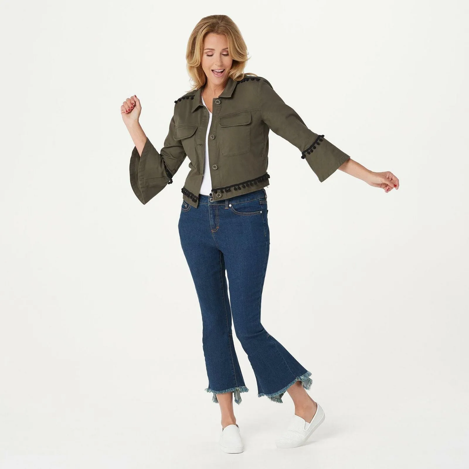 Du Jour Women's Cropped Twill Jacket With Pom Pom Trim